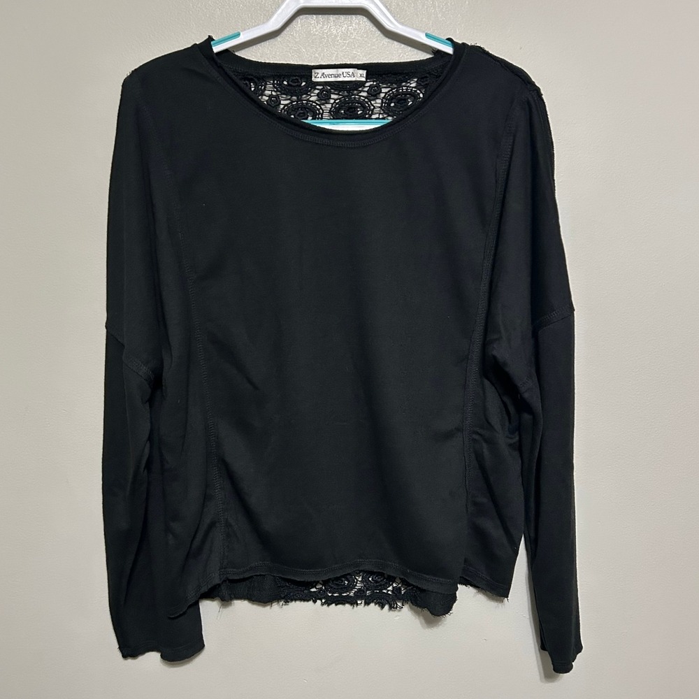 Z Avenue USA Women's Blouse XL Black Sheer Lace Back Long Sleeve Casual Sexy Top